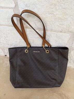 Michael Kors Dark Brown MK Logo Tote with Tan Straps